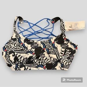 NWT Icyzone | Black White Blue Strap Back Sports Bra Medium